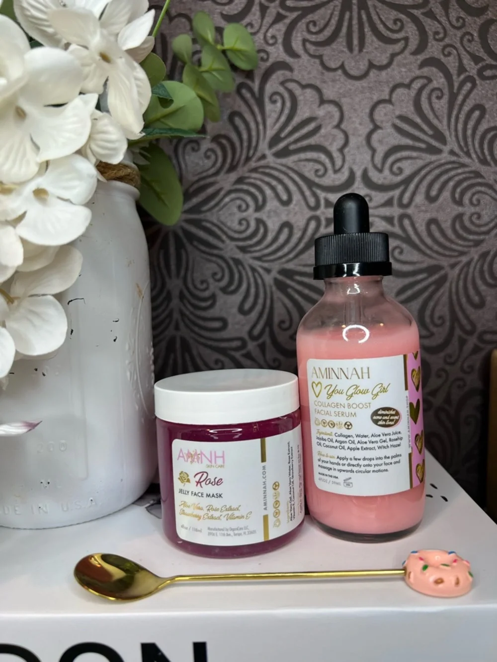 AMINNAH Rose Jelly Mask & Collagen Boost Facial Serum Set
